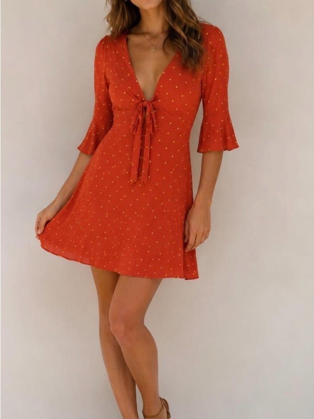 Free People Orange Mini Dress with Gold Dot Tie Front